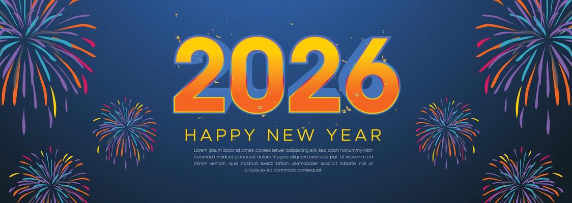Bold Blue 2026 Celebration Banner with Fireworks and Yellow Typography for Festive Greetings