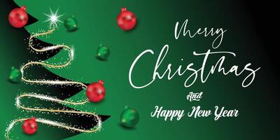 Dark elegant holiday banner with illuminated Christmas tree made of golden garland vector