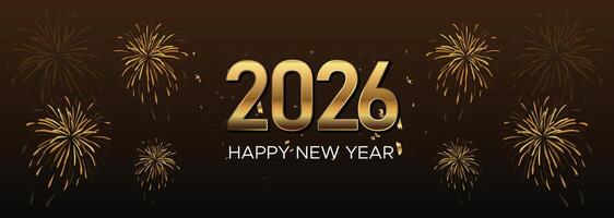 Rich Brown and Gold 2026 New Year Banner with Firework Illustrations and Bold Text vector