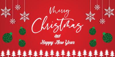 Red Christmas greeting banner with hanging ornaments and snowflake border frame vector