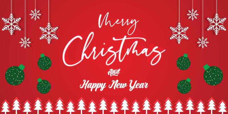 Red Christmas greeting banner with hanging ornaments and snowflake border frame