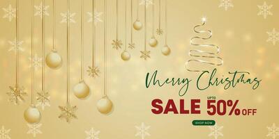 Elegant golden Christmas sale banner with hanging baubles and minimal festive tree outline design vector