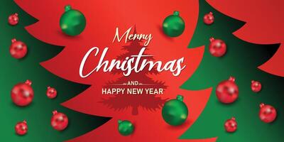 Christmas greeting card with papercut layered trees and hanging ornaments on red background vector