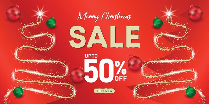 Vibrant red Christmas sale background with tree garland lights and glowing sparkles