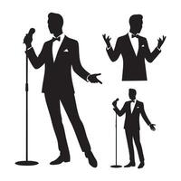 Singer in tuxedo silhouette with microphone isolated on white background silhouette vector