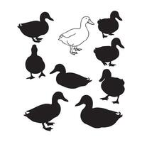 Collection of duck silhouettes and one line drawing duck isolated on white background silhouette vector