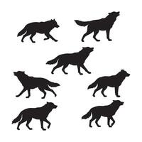 Collection of wolf silhouettes in various poses isolated on white background silhouette vector