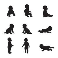 Collection of baby silhouettes in various poses isolated on white background silhouette vector