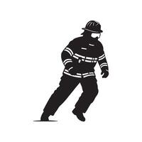 Black silhouette of a firefighter in protective gear running isolated on white background silhouette vector