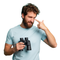 Bearded Man Holding Binoculars Pointing Eye Winking on Transparent Background png