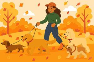 Professional dog walker leading four dogs through a colorful autumn park on a crisp fall day vector
