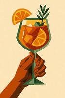 Aperol spritz with orange slice and herbs in wineglass vector