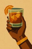 Old fashioned cocktail with orange and ice in dark-skinned hand vector