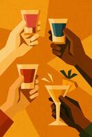 Four hands toasting with colorful shots and tropical cocktail vector