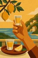 Hand holding a glass of limoncello. modern geometric drink illustration with Italian seaside view, lemons and warm Mediterranean atmosphere vector