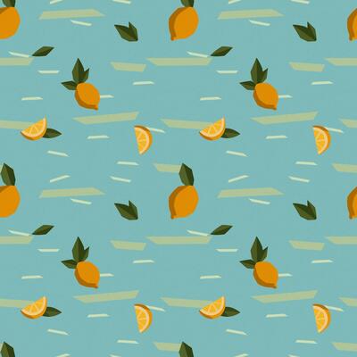Seamless pattern lemons, slices and leaves modern geometric citrus background