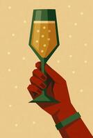 Hand holding a champagne glass with bubbles. modern geometric drink illustration on festive background with minimal retro aesthetic vector