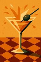 Martini glass with olive and splash on warm background vector