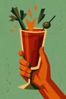 Bloody Mary cocktail with celery and olive held in hand vector