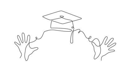 Line hat cap education college study continuous icon illustration university student. Hat cap school outline one hand linear book certificate graduate silhouette academy tassel degree grad day. vector