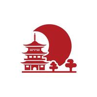 a red and white logo with a pagoda and moon vector