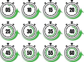a set of stopwatch icons with green arrows vector