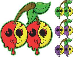 a sticker with a cartoon cherries with eyes and a red and yellow face vector