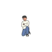 An icon of a man kneeling with his arms crossed, showing a contemplative, reserved, or slightly defensive stance. vector