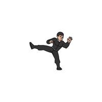 An icon of a man in a black uniform, performing a clean side kick with one leg extended horizontally. vector