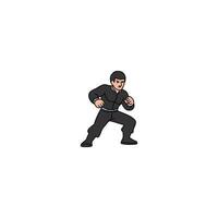 An icon of a man in a black uniform, in a ready stance with fists clenched, poised and alert for action. vector