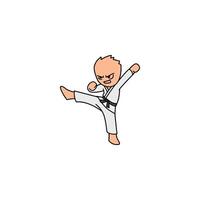 An icon of a cartoon character in a white gi with a black belt, performing a high, powerful kick with one leg extended dynamically. vector