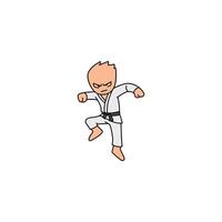 An icon of a cartoon character in a white gi with a black belt, performing a defensive blocking motion with a strong, low stance. vector
