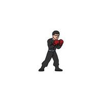 An icon of a man in a black uniform with red boxing gloves, in a defensive guard stance, ready to block or counter. vector