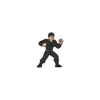 An icon of a man in a black uniform, setting up for an uppercut, a powerful upward punch. vector