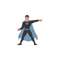 An icon of a superhero in a black suit and blue cape, pointing strongly forward, indicating direction, leadership, or command. vector