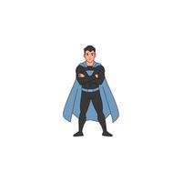 An icon of a superhero in a black suit and blue cape, standing confidently with hands on hips, ready for action. vector