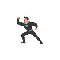 An icon of a superhero in a black suit and blue cape, crouched slightly with one fist raised and the other arm back, in a dynamic fighting stance. vector