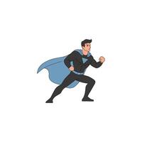 An icon of a superhero in a black suit and blue cape, in a dynamic running or charging pose, conveying speed and momentum. vector