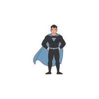 An icon of a superhero in a black suit and blue cape, standing with hands on hips, showcasing power, authority, and calm readiness. vector