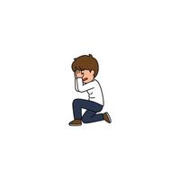 An icon of a cartoon man kneeling, covering his face with one hand, conveying deep sadness, distress, or crying. vector