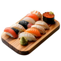 Assorted Fresh Sushi Nigiri Platter Salmon Shrimp Tuna and More on Wooden Board png