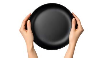 Two hands holding empty round black metal baking tray oven pan isolated on transparent background png
