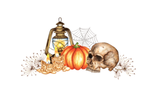 Skull with pumpkins, candles, spider web, lantern, dried flowers watercolor illustration. Isolated on background for Halloween and Day of the Dead. For dark magic decor, gothic poster, horror. png