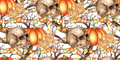 Human skull surrounded by pumpkins, candles, garland flags and branches of dry trees. Watercolor illustration isolated from the background. Creepy seamless pattern, Halloween and Dia de los Muertos. png