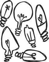 Hand-drawn light bulb doodle illustration featuring unique filament designs and whimsical shapes vector