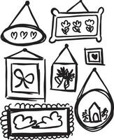 Hand-drawn wall frame doodles with various decorative elements such as hearts, flowers, clouds, and house icons vector