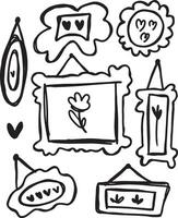 Whimsical hand-drawn wall frames with floral and heart motifs in a doodle style vector