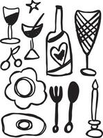 Hand-drawn doodle of food and drink elements, including wine glasses, bottle, eggs, utensils, and candle vector