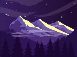 Flat Illustration Of Mountain Landscape With Orange Sunset And Pine Tree Silhouette. Minimalist And Geometric Design vector