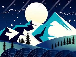 Minimalist Flat Style Illustration Featuring Snowy Mountains, A Big Full Moon, A Starry Night Sky, Black Pine Trees, And An Abstract Sea Line Pattern In The Foreground. vector